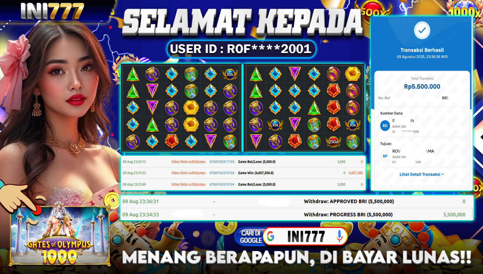 INI777 di Game Gates Of Olympus 1000 RP.5.500.000 LUNAS