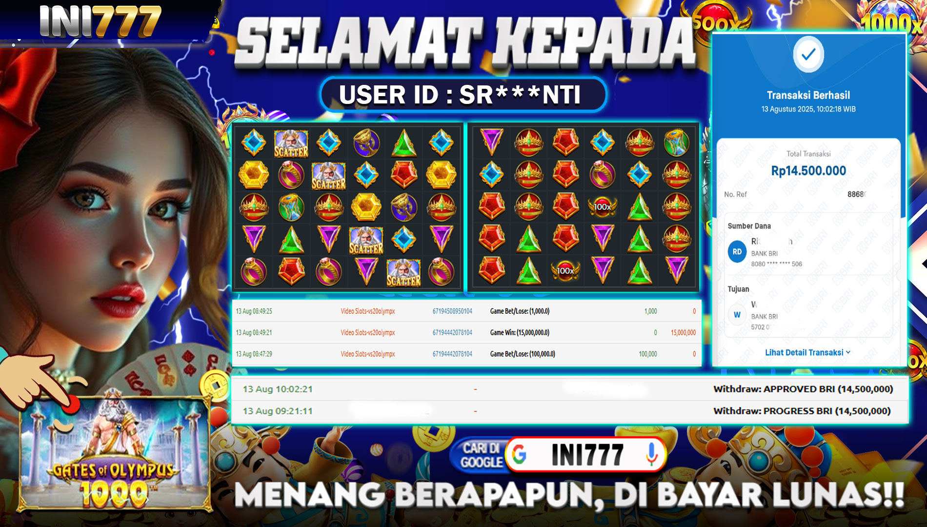 INI777 di Game Gates Of Olympus 1000 RP.14.500.000 LUNAS