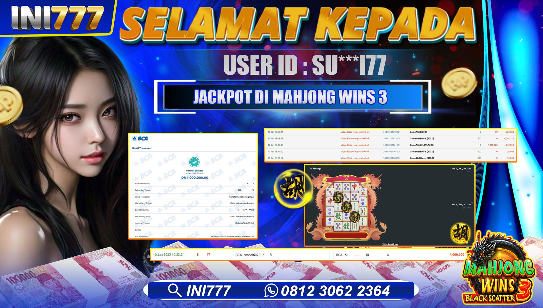 INI777 di Game Slot Mahjong Wins 3 RP.4.000.000 LUNAS