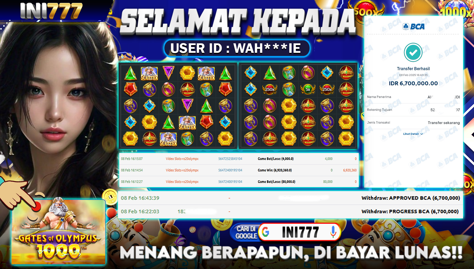 INI777 di Game Slot Gates of Olympus 1000 RP.6.700.000 LUNAS