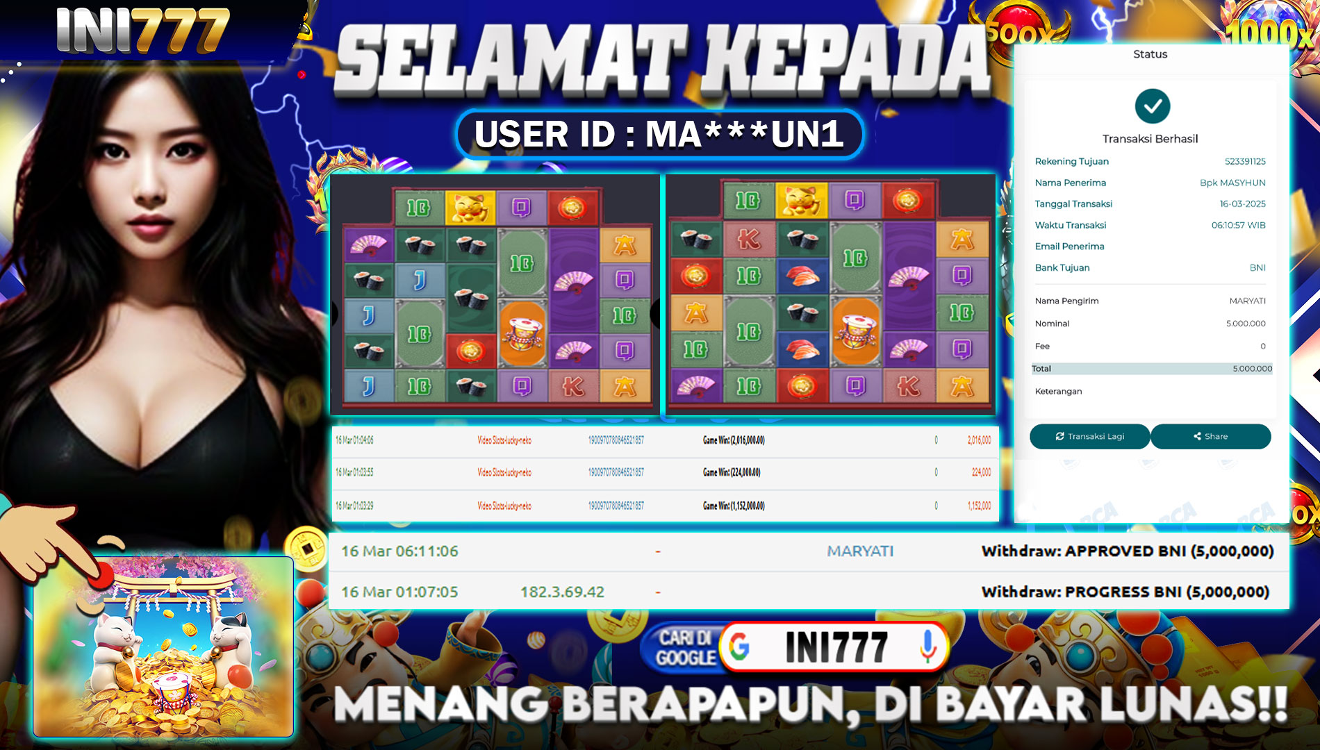 INI777 di Game Lucky Necko RP.5.000.000 LUNAS