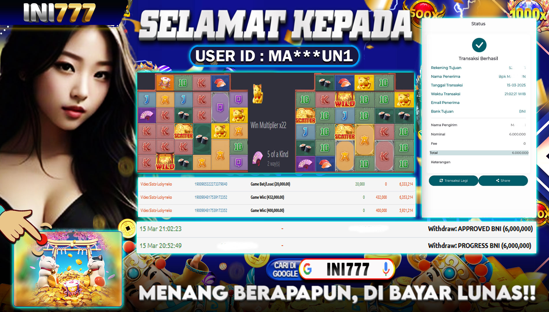 INI777 di Game Lucky Necko RP.6.000.000 LUNAS