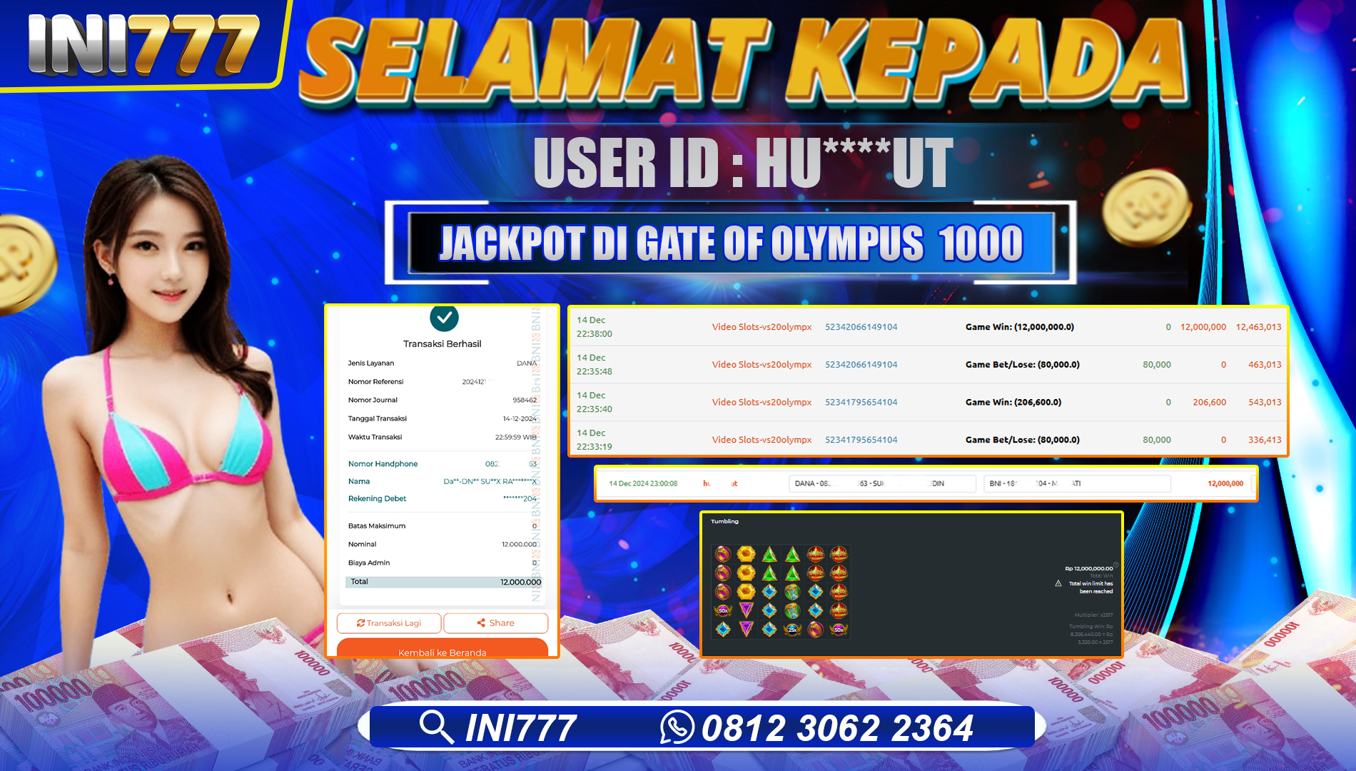 INI777 di Game Slot Gates Of Olympus 1000 RP.12.000.000 LUNAS